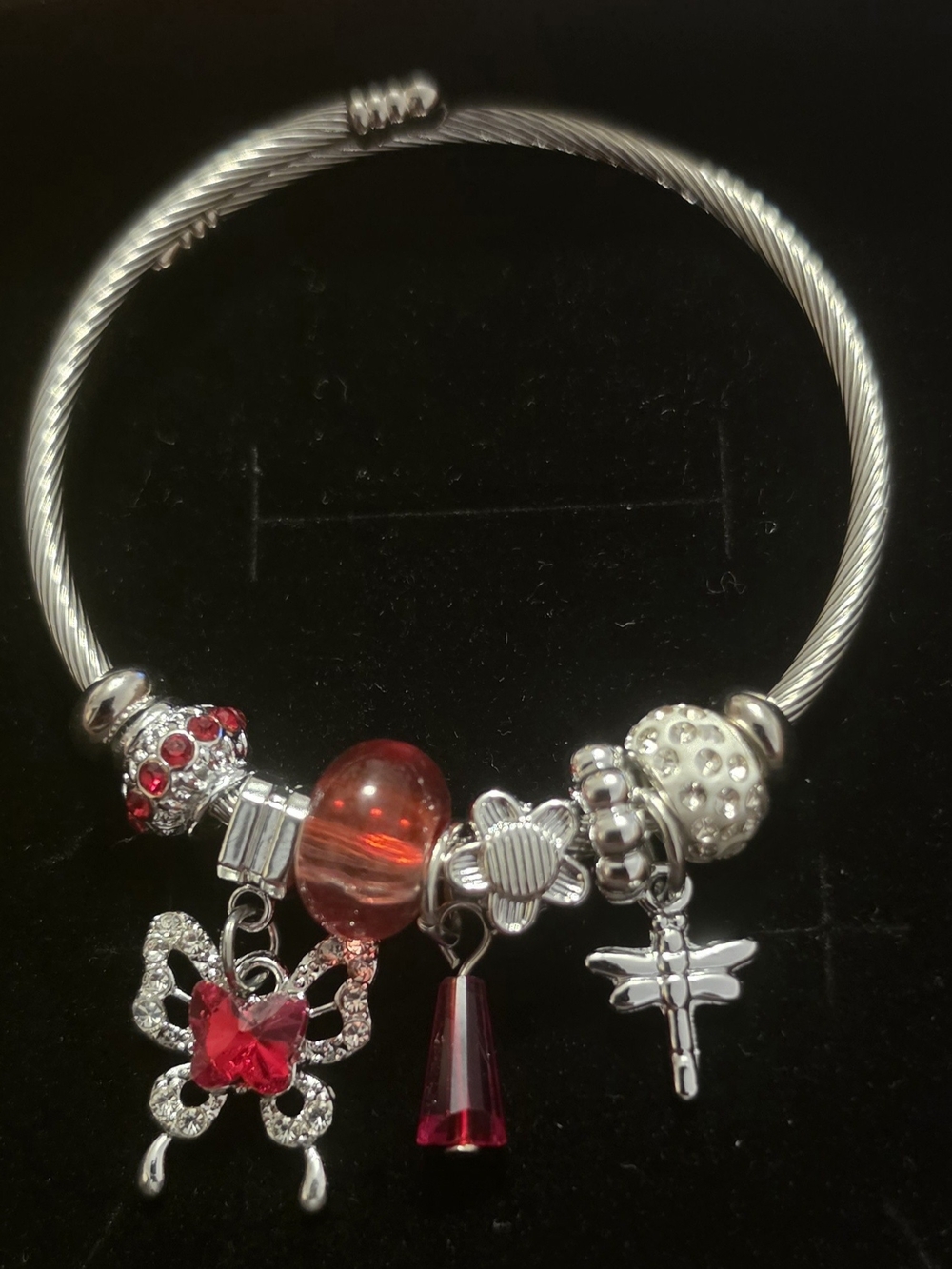 Silver Charm Bracelet with Red Crystal Charms